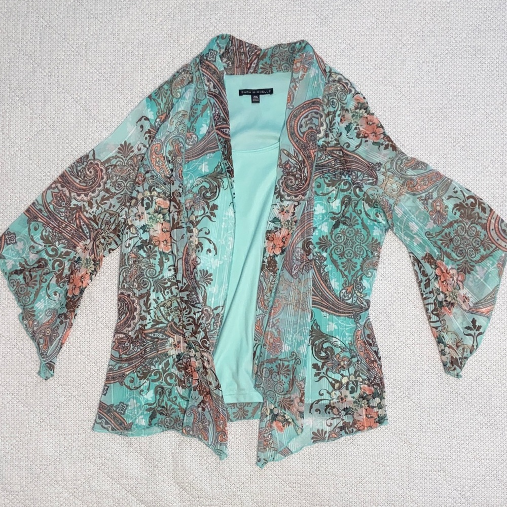 Dana Buchman Teal Paisley Floral Sheer Kimono